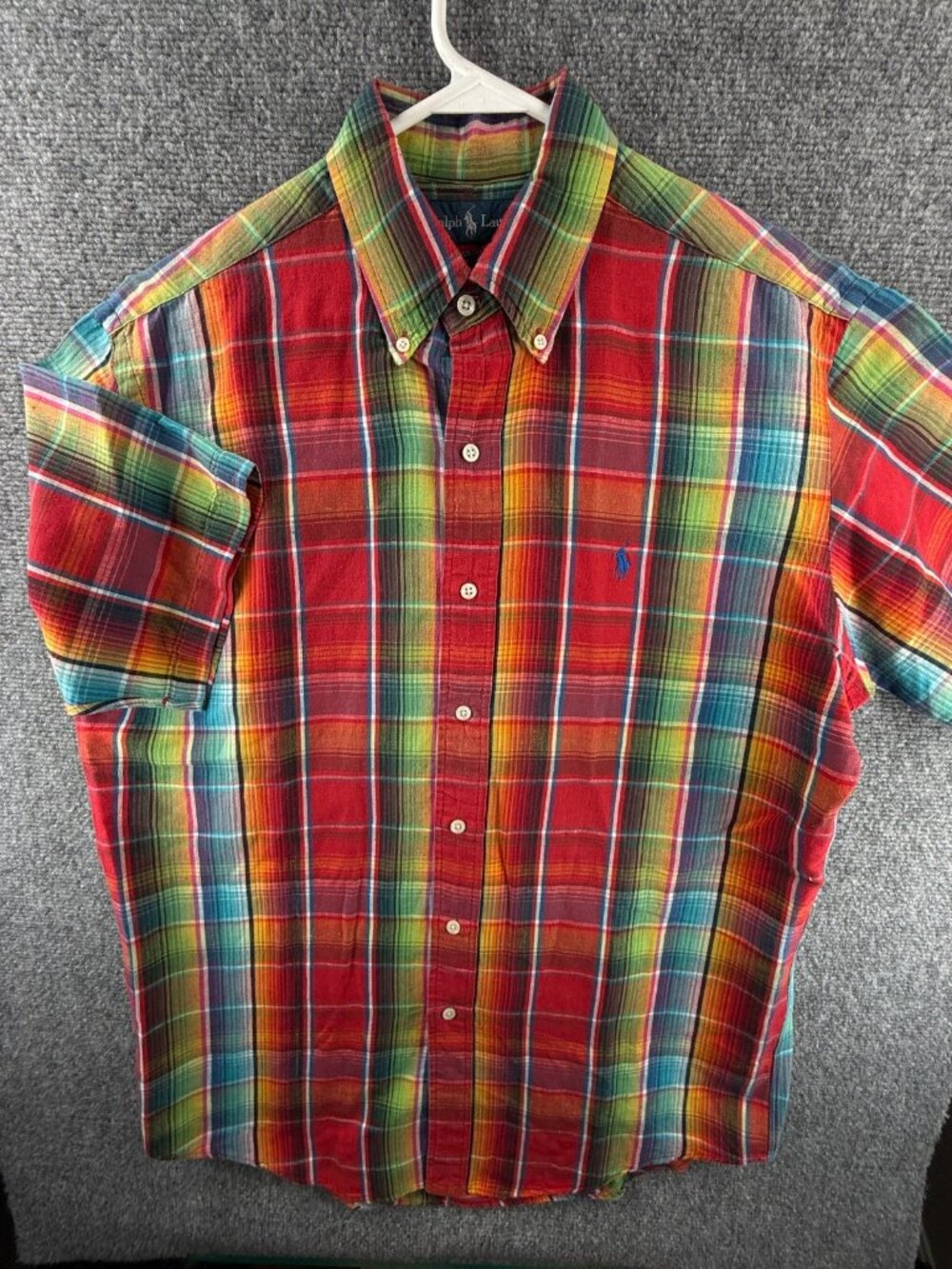 Ralph Lauren Linen Cotton Blend Colorful Medium Men Button Up Shirt Plaid Madras